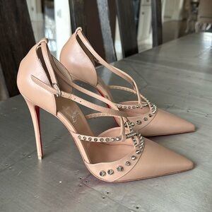 Christian Louboutin tatooshka spikes pump beige silver blush stiletto sz 39.5